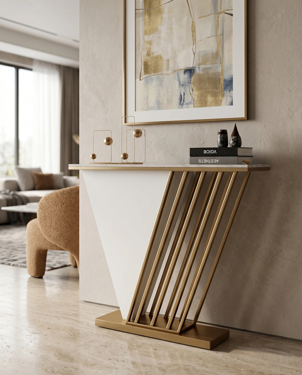 Geometric V-Shape White Marble & Gold Console Table Arris Concepts