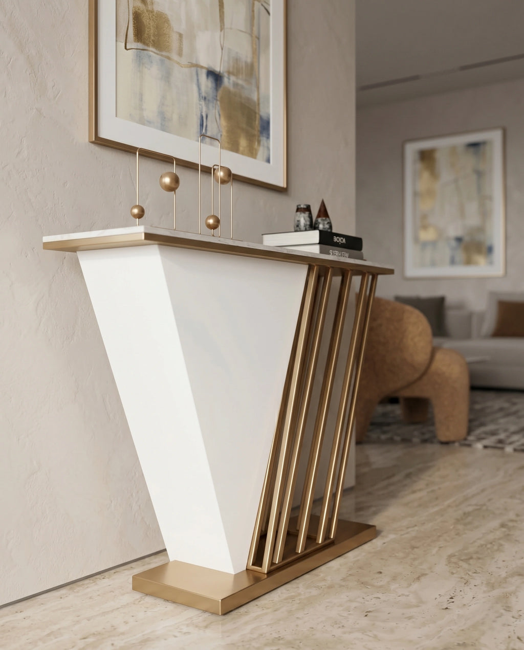 Geometric V-Shape White Marble & Gold Console Table Arris Concepts