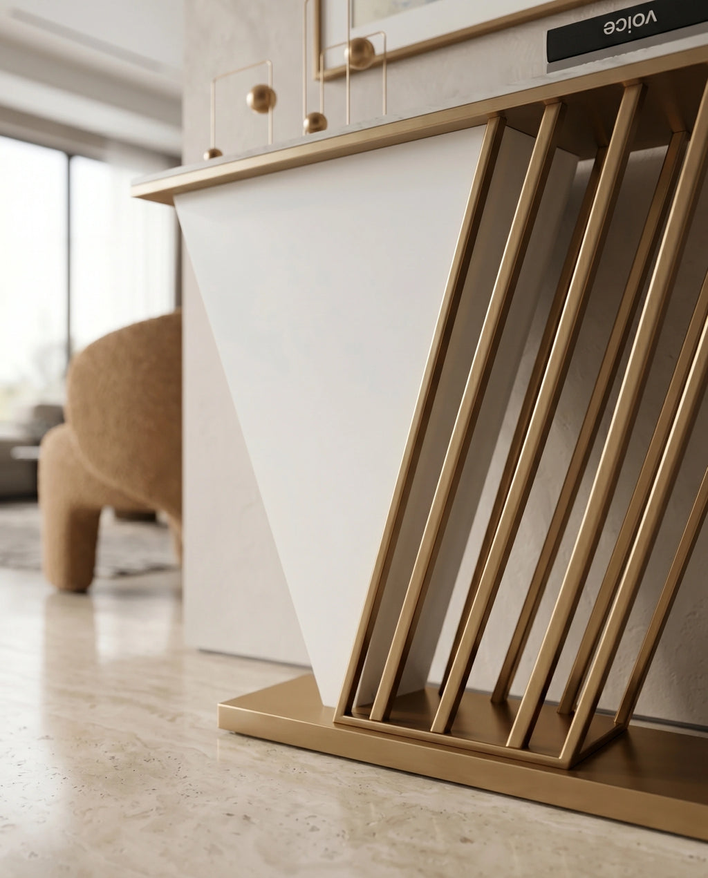 Geometric V-Shape White Marble & Gold Console Table Arris Concepts