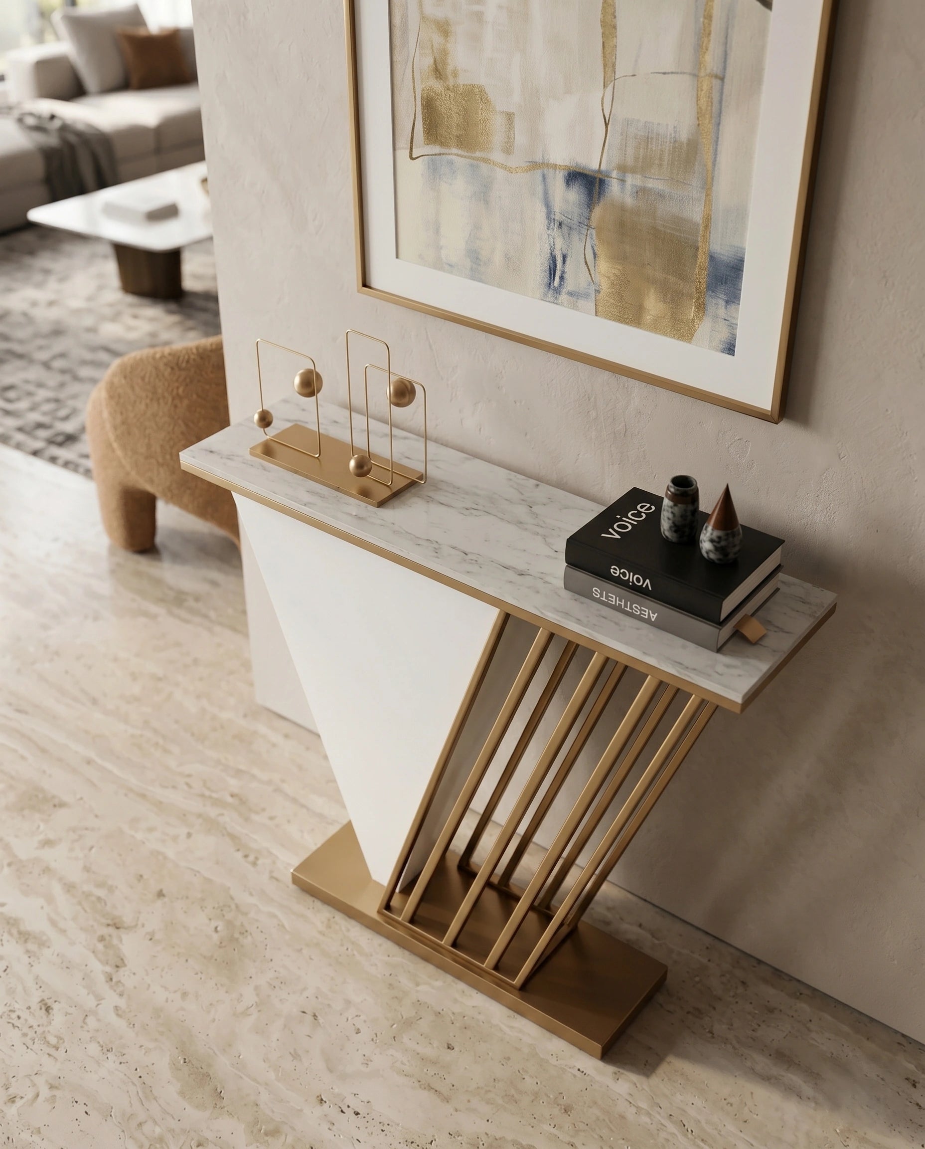 Geometric V-Shape White Marble & Gold Console Table Arris Concepts