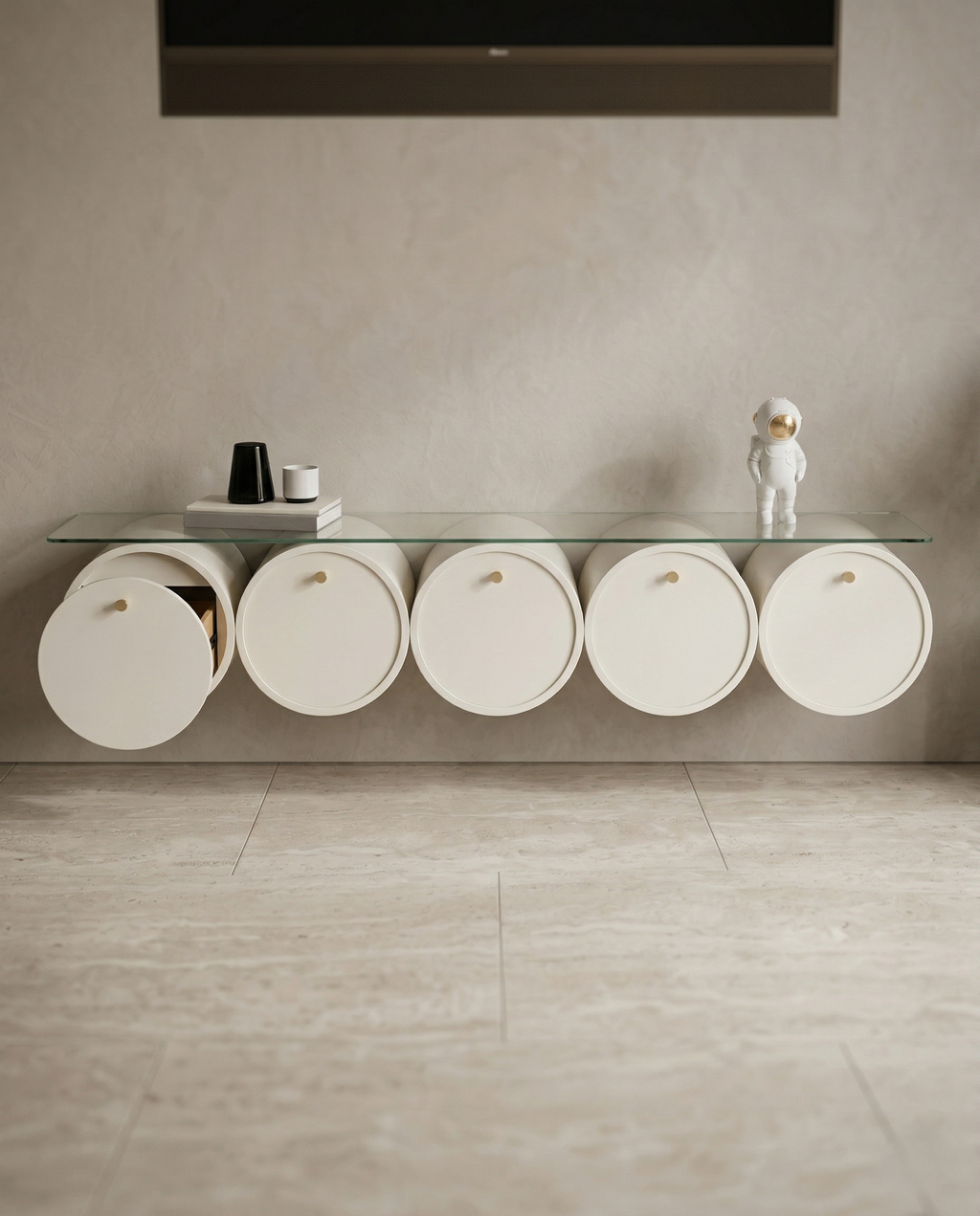 Orbit Floating TV Console with Cylindrical Storage & Glass Top Arris Concepts