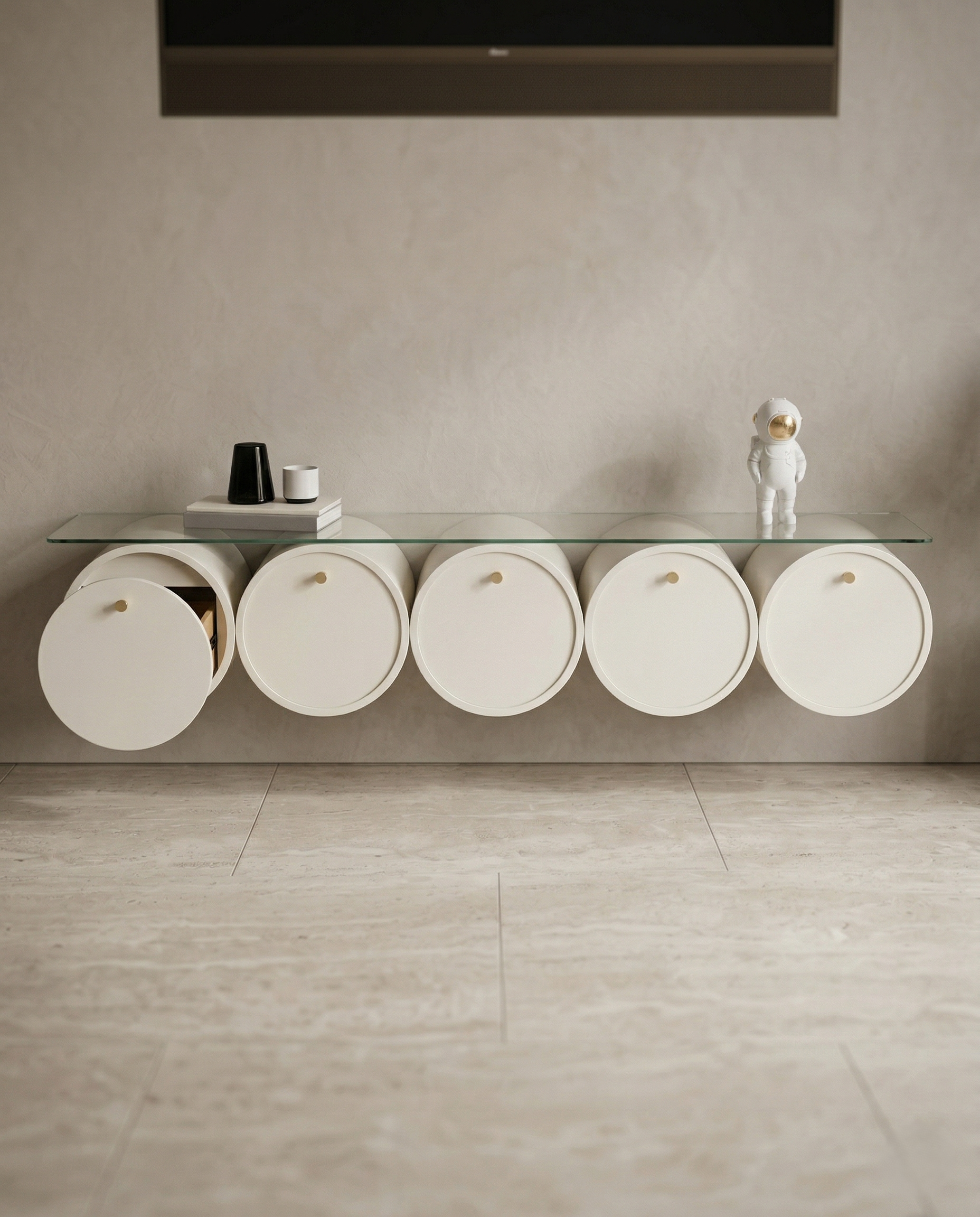 Orbit Floating TV Console with Cylindrical Storage & Glass Top Arris Concepts