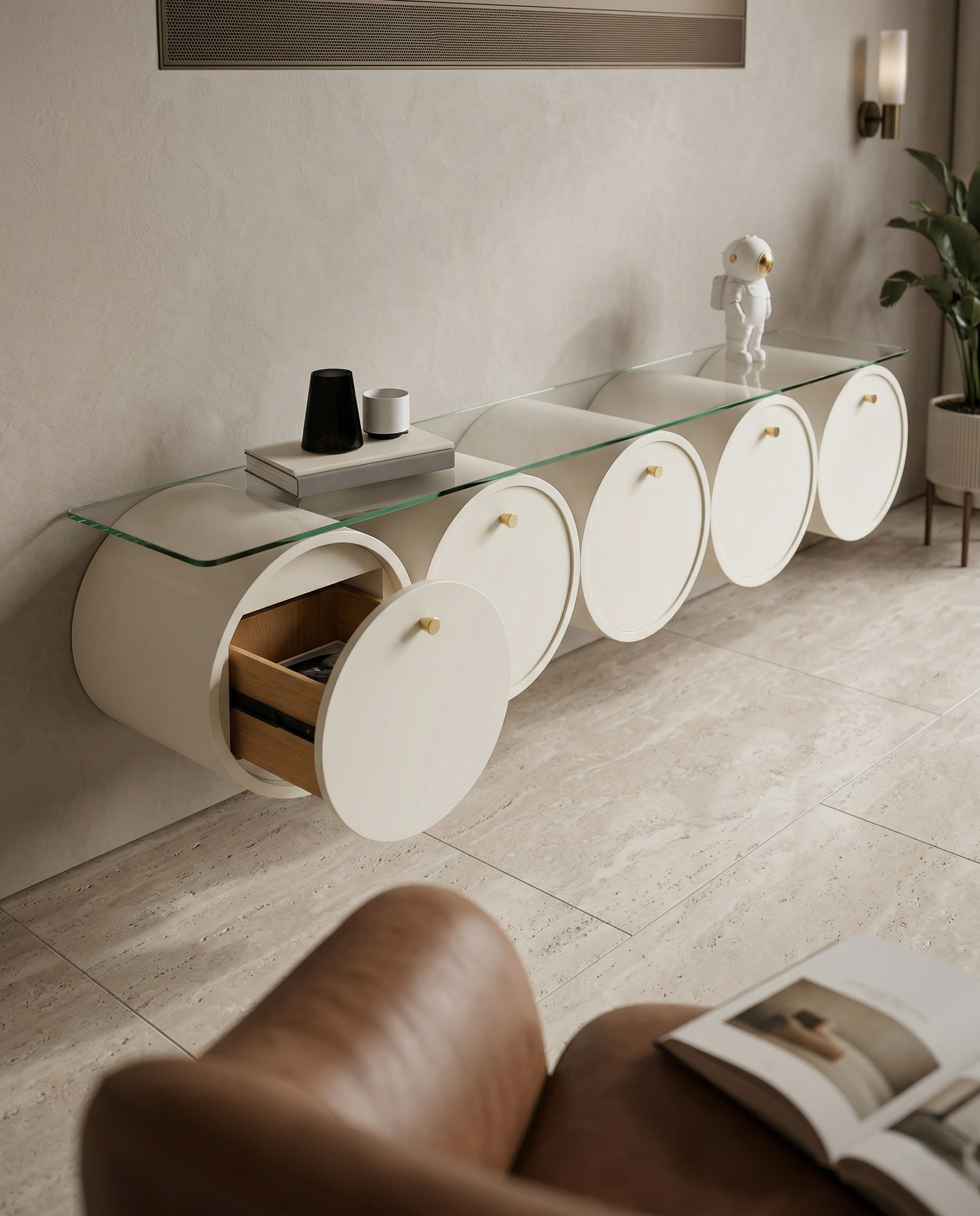 Orbit Floating TV Console with Cylindrical Storage & Glass Top Arris Concepts