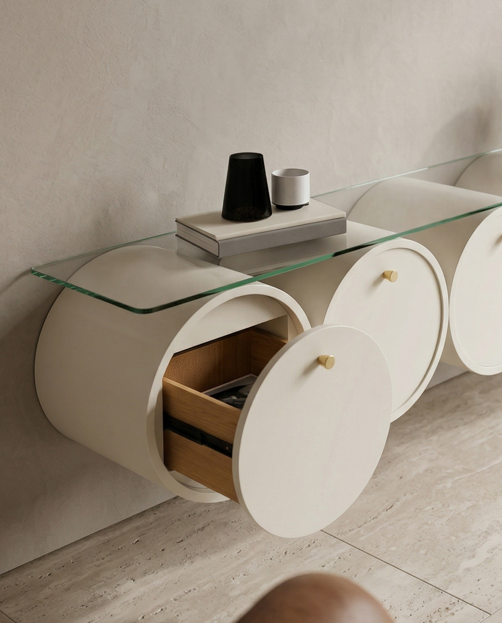Orbit Floating TV Console with Cylindrical Storage & Glass Top Arris Concepts