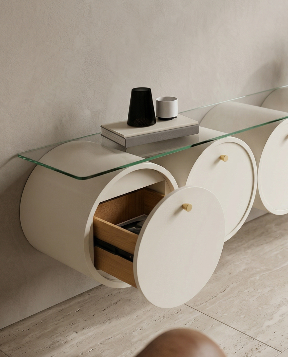 Orbit Floating TV Console with Cylindrical Storage & Glass Top Arris Concepts