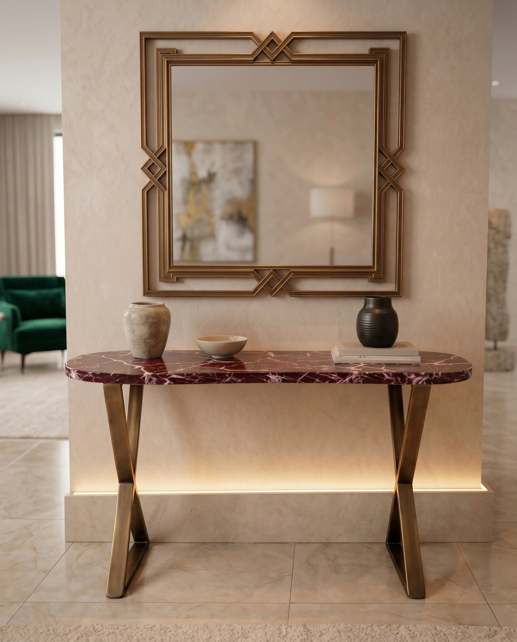 Architectural Rosso Marble & Brass Console Table Arris Concepts