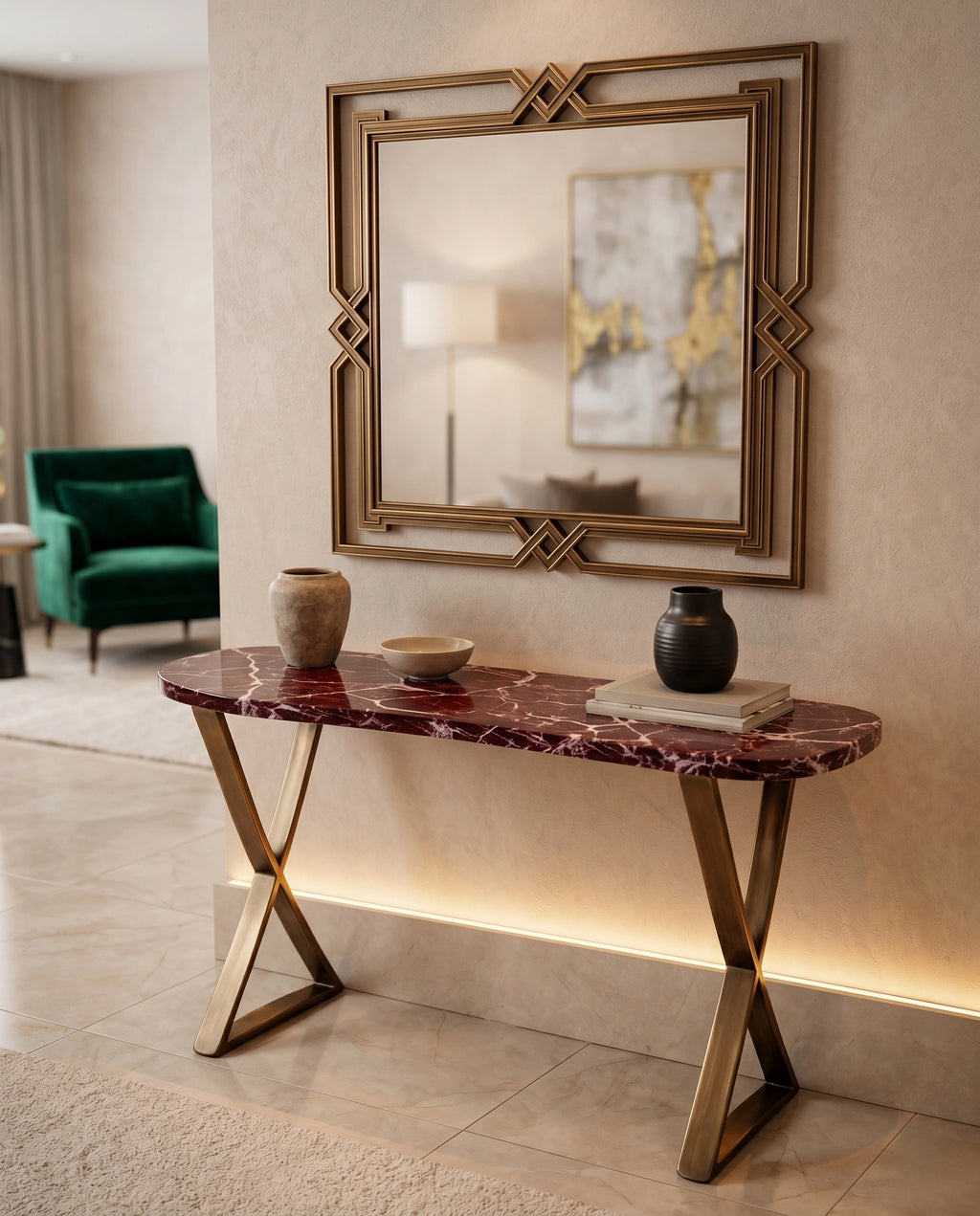 Architectural Rosso Marble & Brass Console Table Arris Concepts