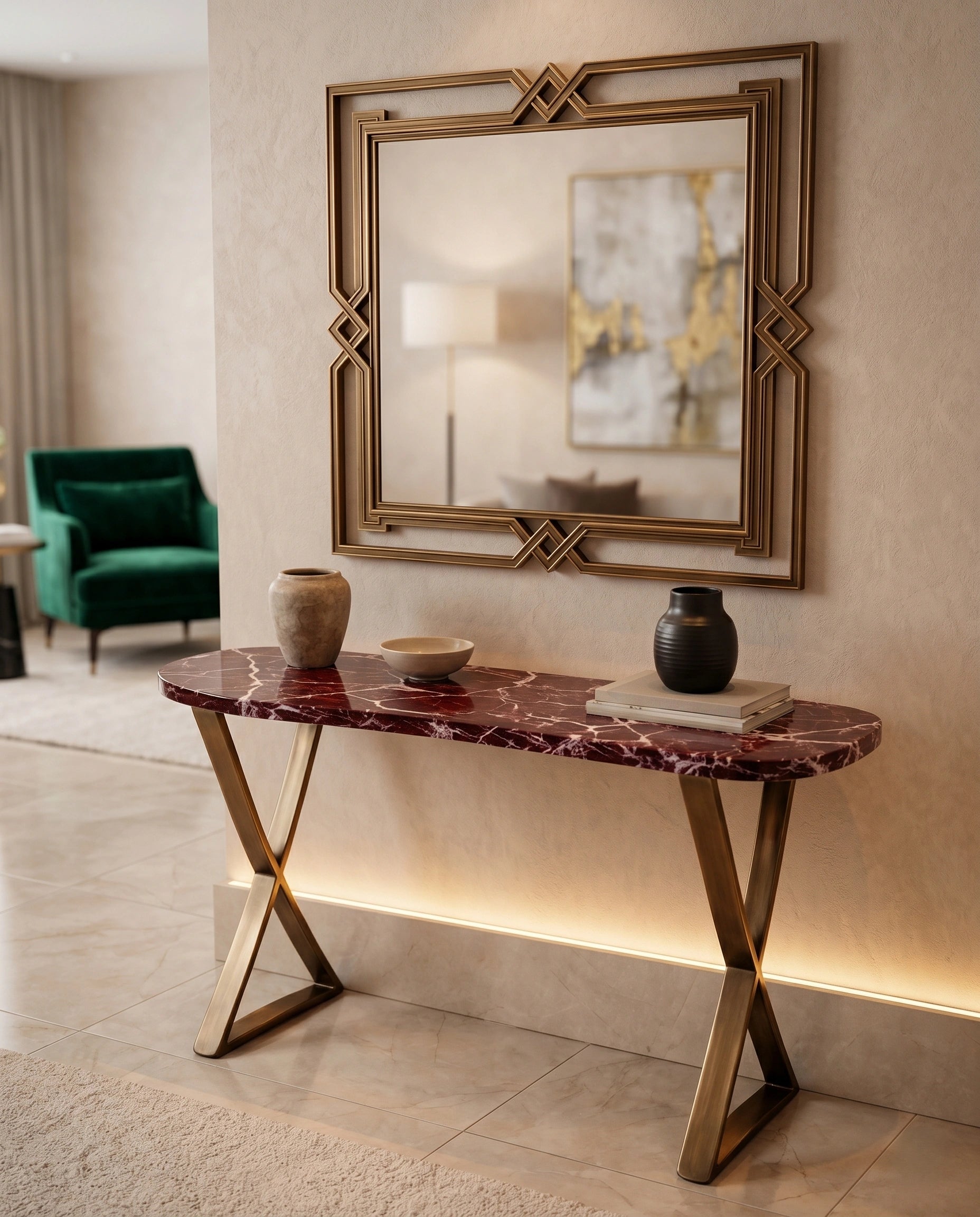 Architectural Rosso Marble & Brass Console Table Arris Concepts