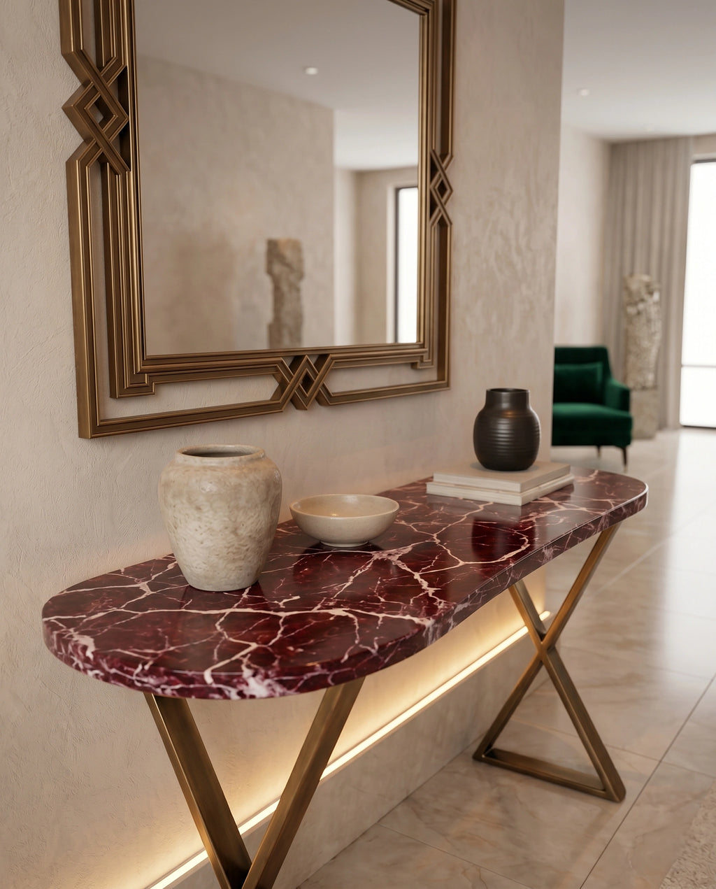Architectural Rosso Marble & Brass Console Table Arris Concepts