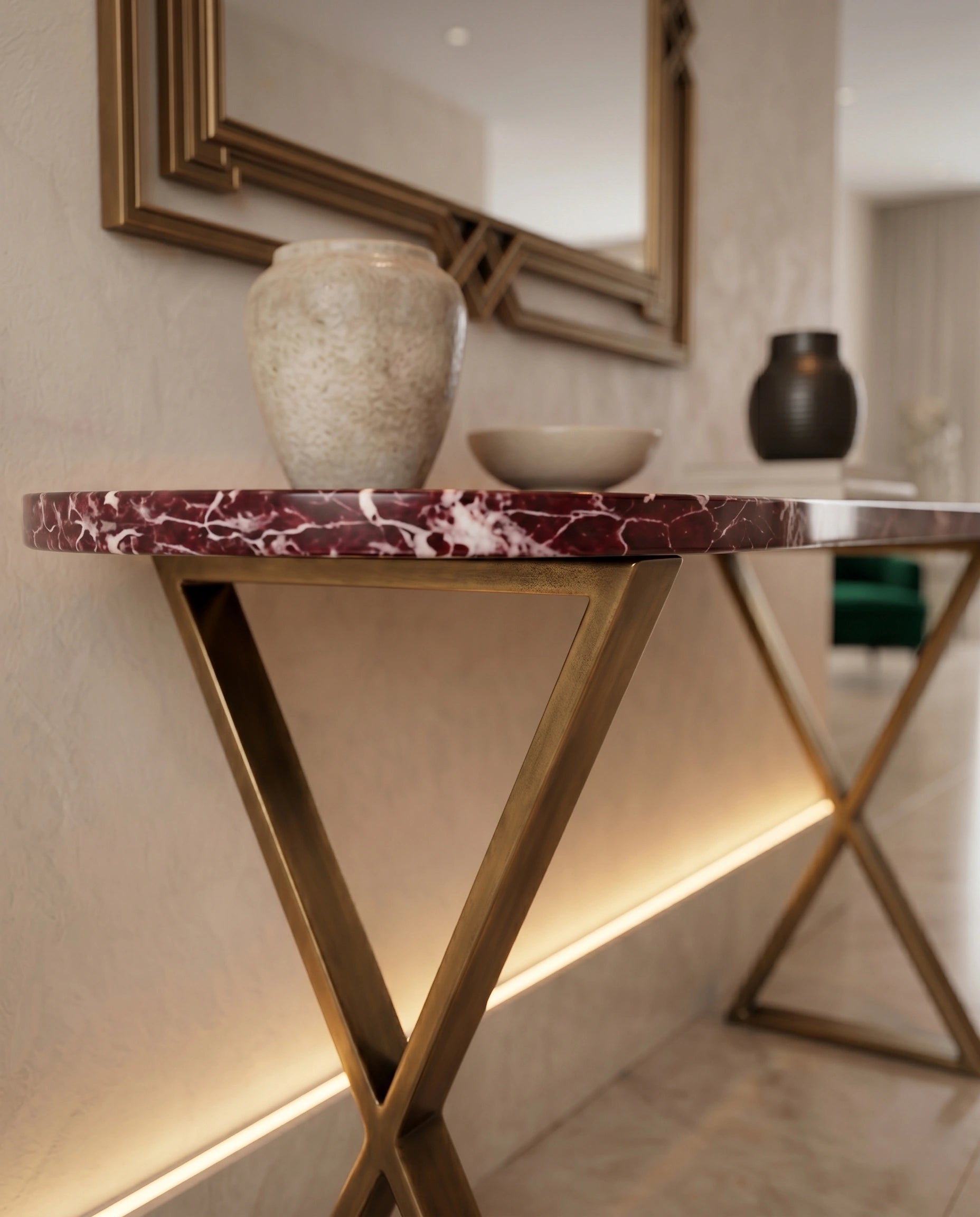 Architectural Rosso Marble & Brass Console Table Arris Concepts