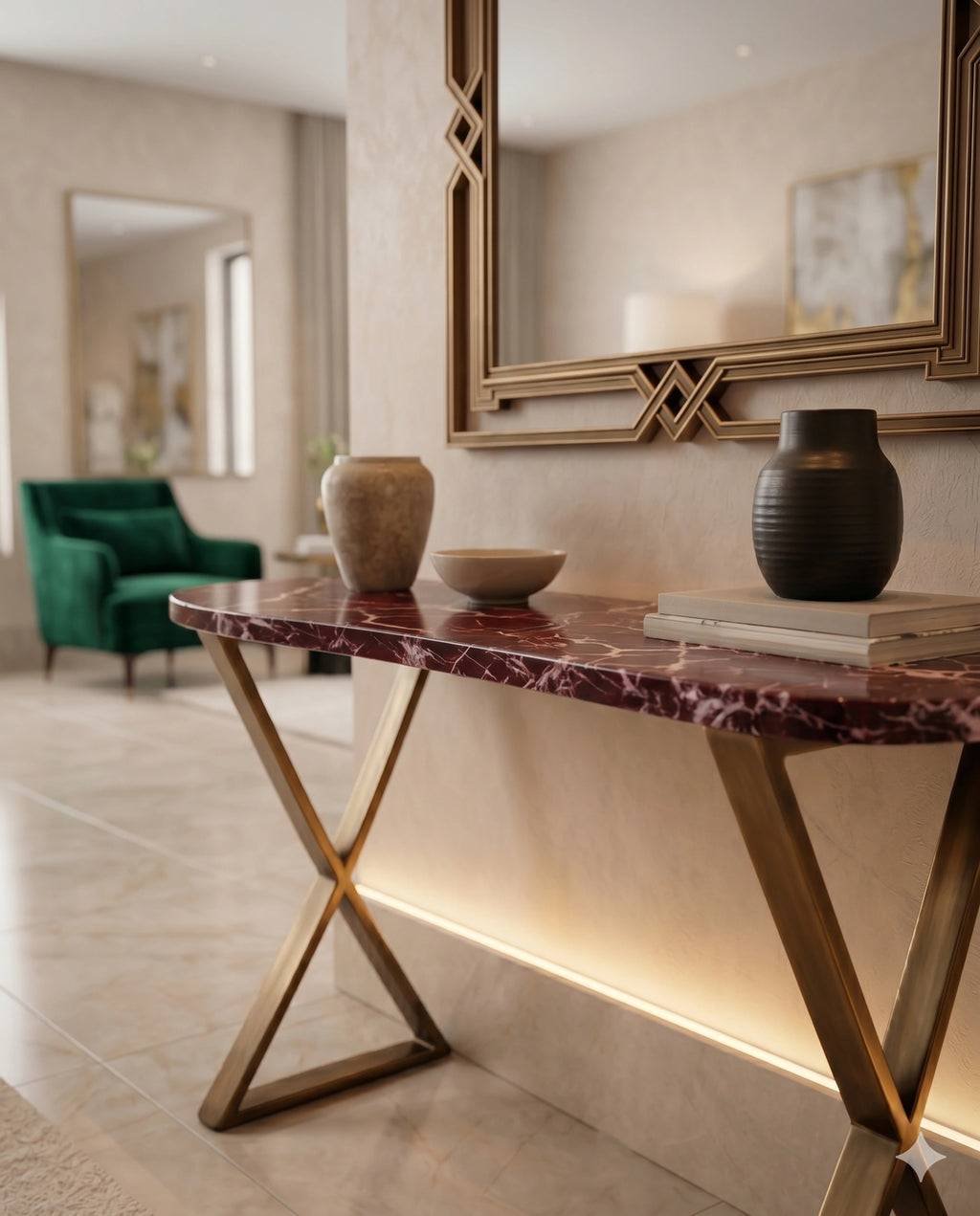 Architectural Rosso Marble & Brass Console Table Arris Concepts