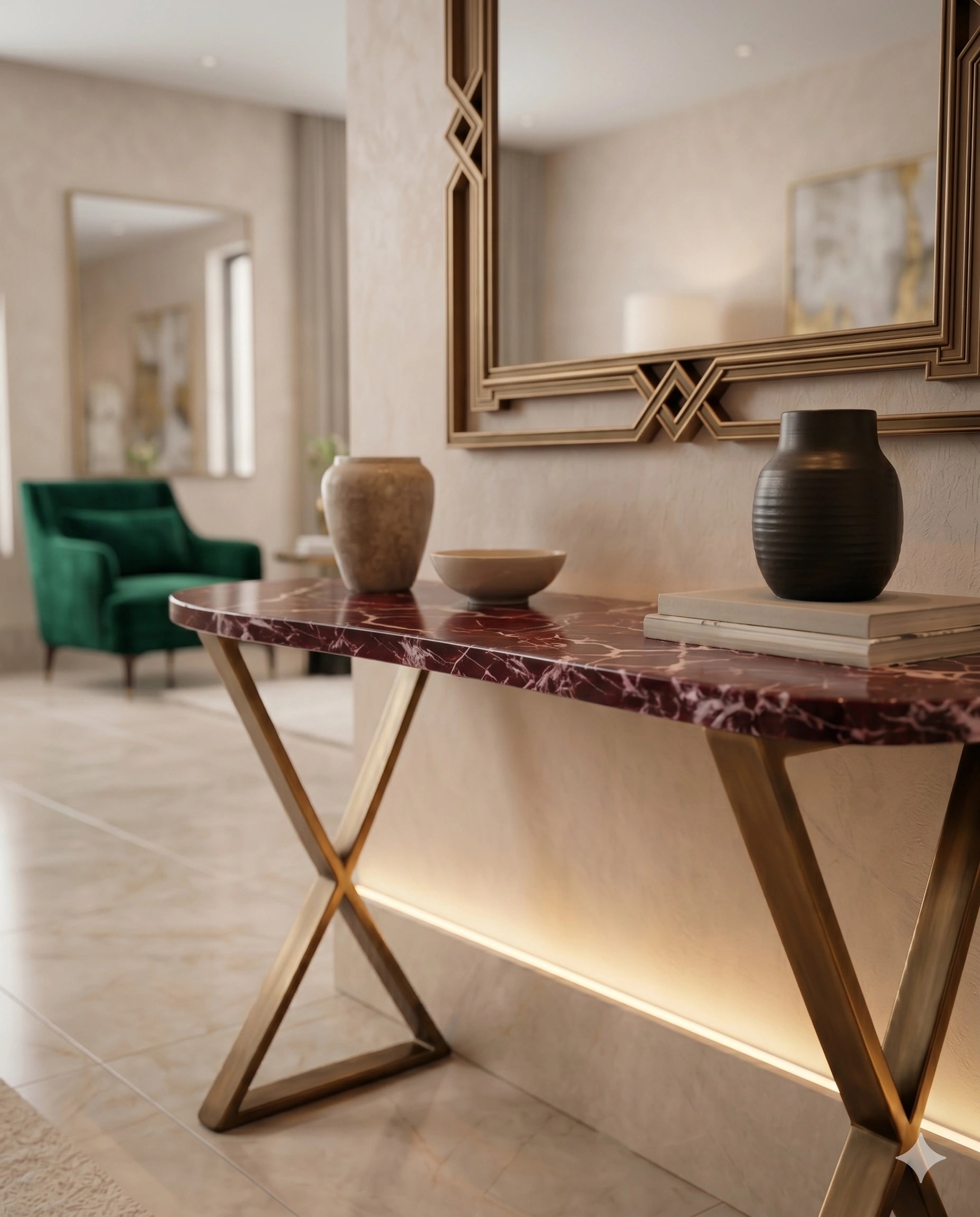 Architectural Rosso Marble & Brass Console Table Arris Concepts