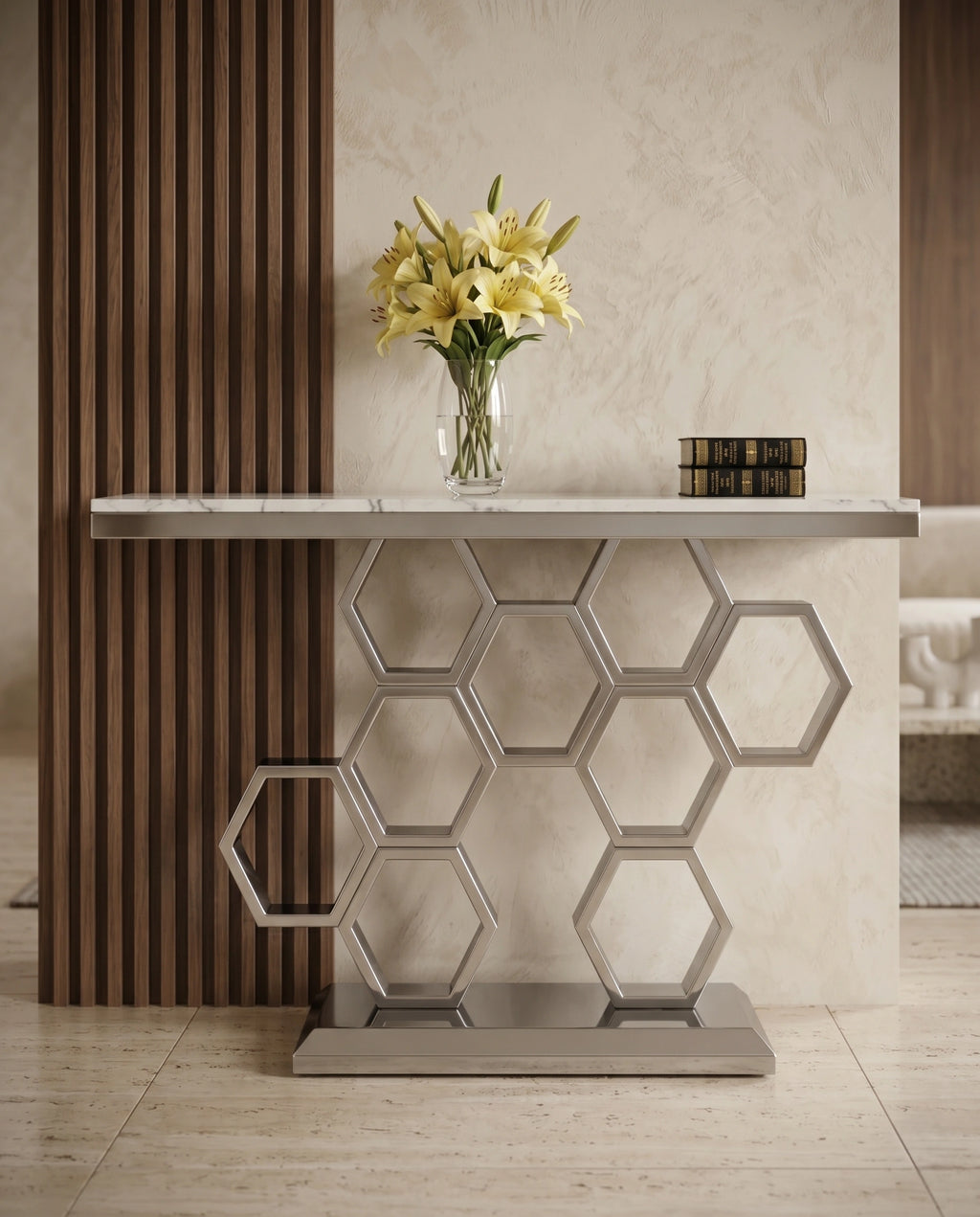 Geometric Honeycomb Silver & White Marble Console Table Arris Concepts