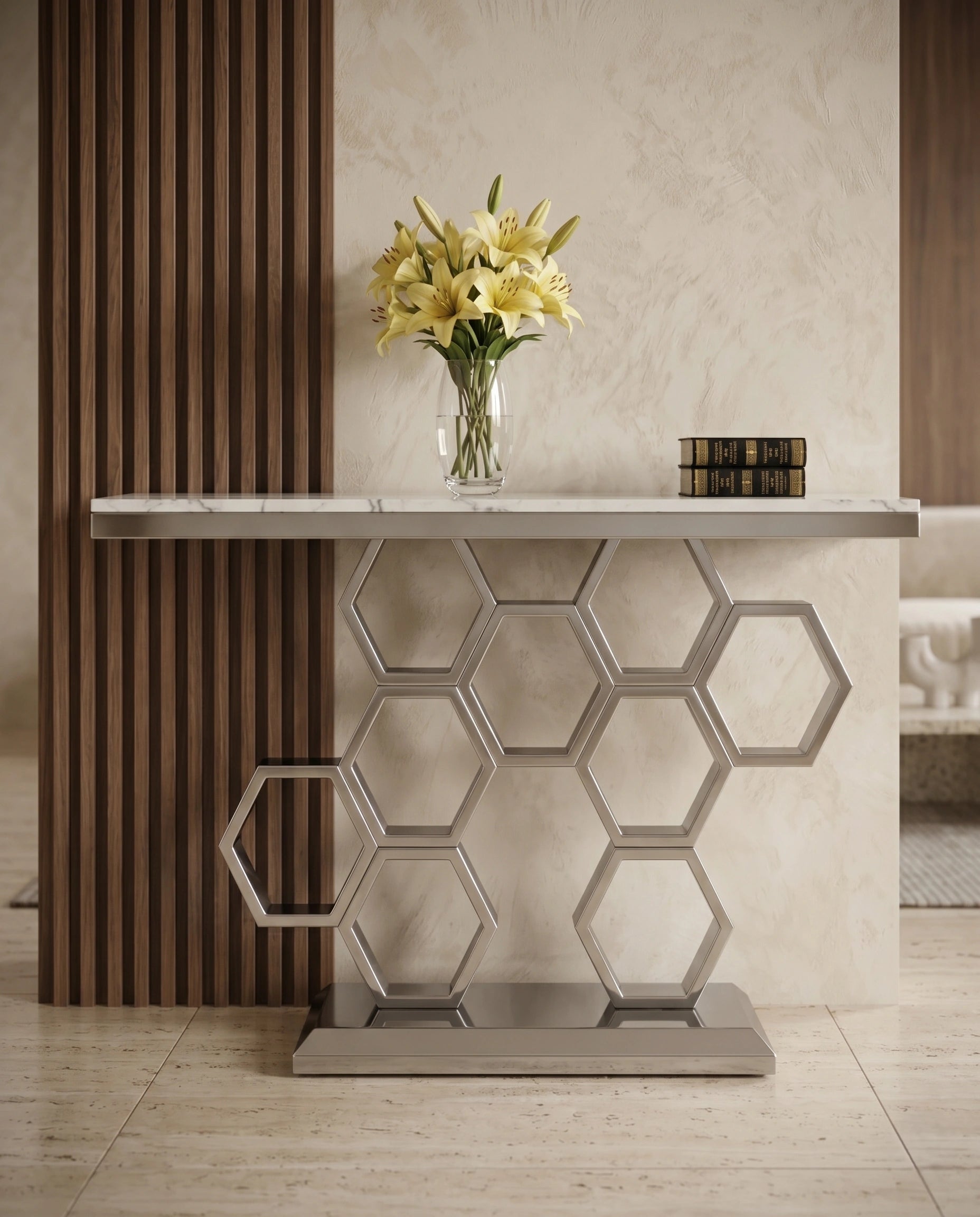 Geometric Honeycomb Silver & White Marble Console Table Arris Concepts