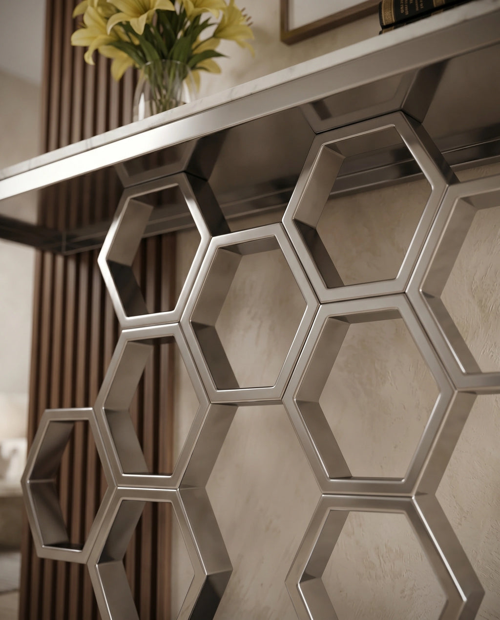 Geometric Honeycomb Silver & White Marble Console Table Arris Concepts
