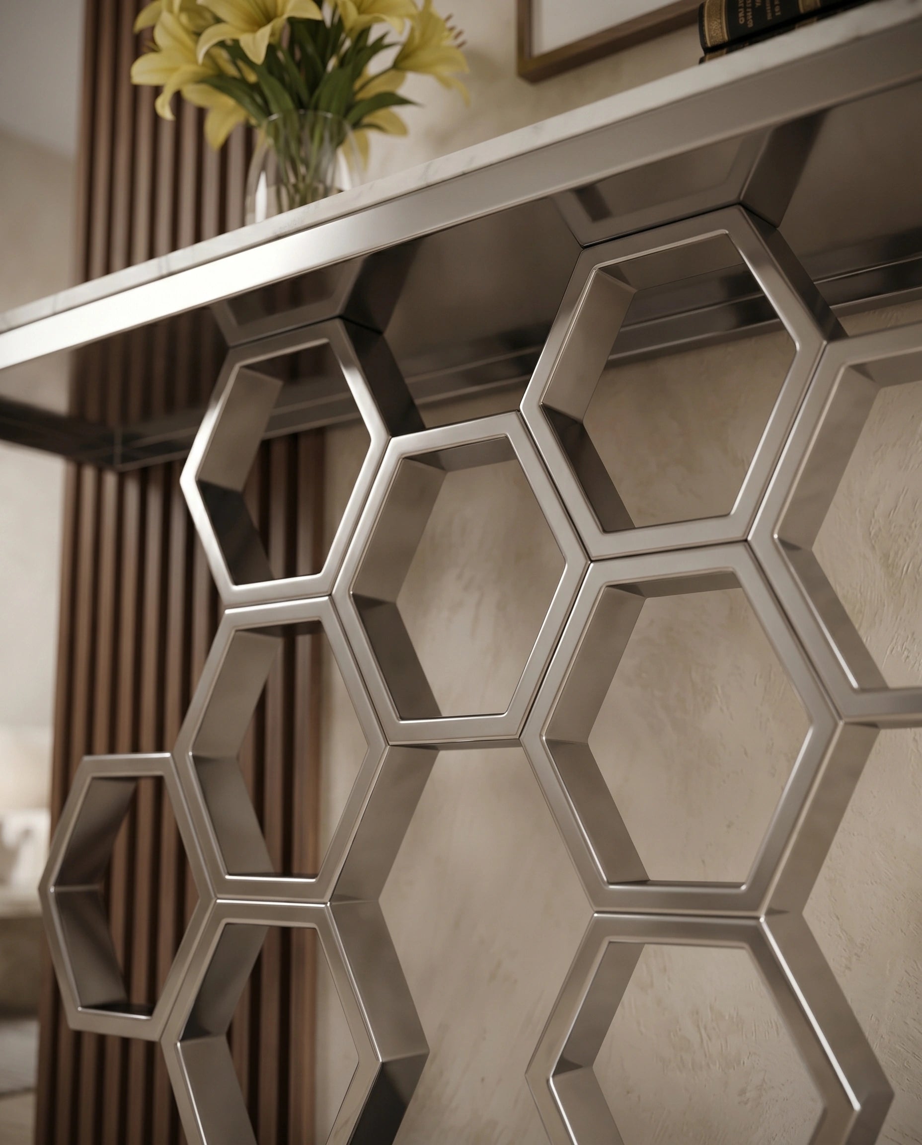 Geometric Honeycomb Silver & White Marble Console Table Arris Concepts