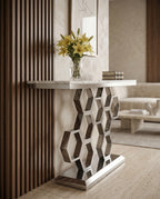 Geometric Honeycomb Silver & White Marble Console Table Arris Concepts