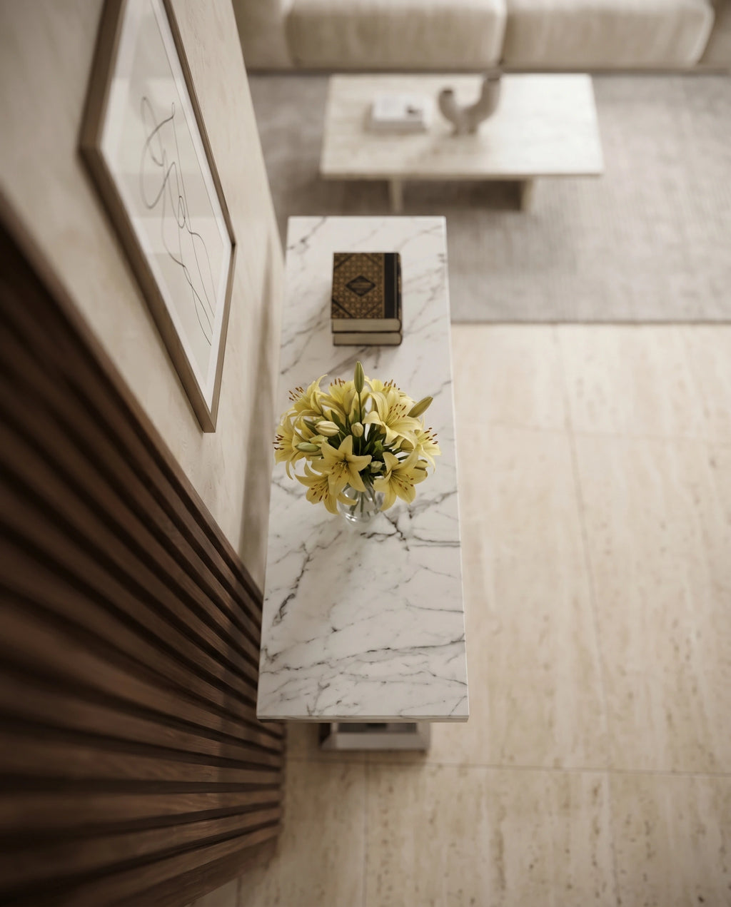 Geometric Honeycomb Silver & White Marble Console Table Arris Concepts