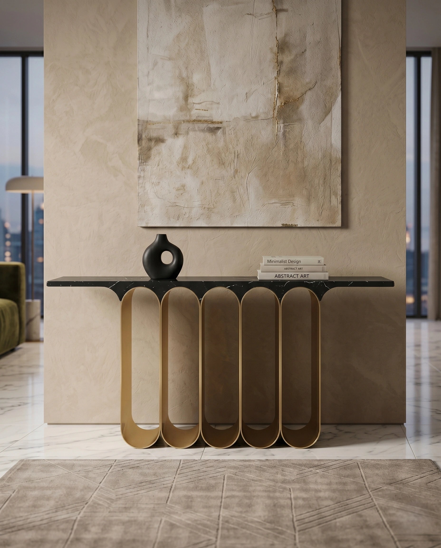 Architectural Black Marble & Brass Ribbon Console Table Arris Concepts