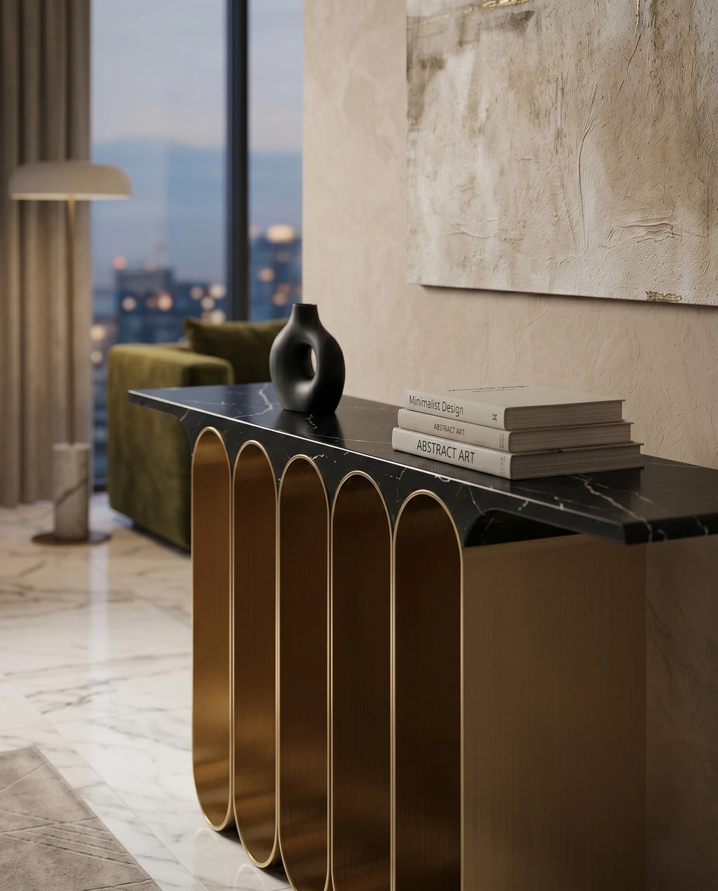 Architectural Black Marble & Brass Ribbon Console Table Arris Concepts