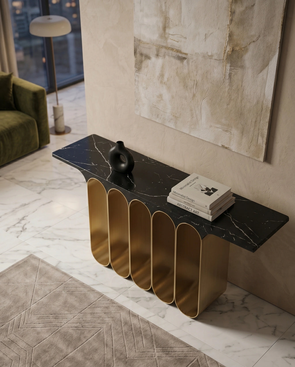 Architectural Black Marble & Brass Ribbon Console Table Arris Concepts
