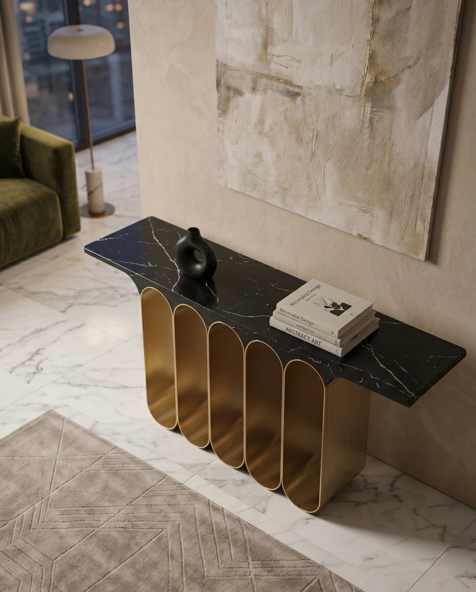 Architectural Black Marble & Brass Ribbon Console Table Arris Concepts