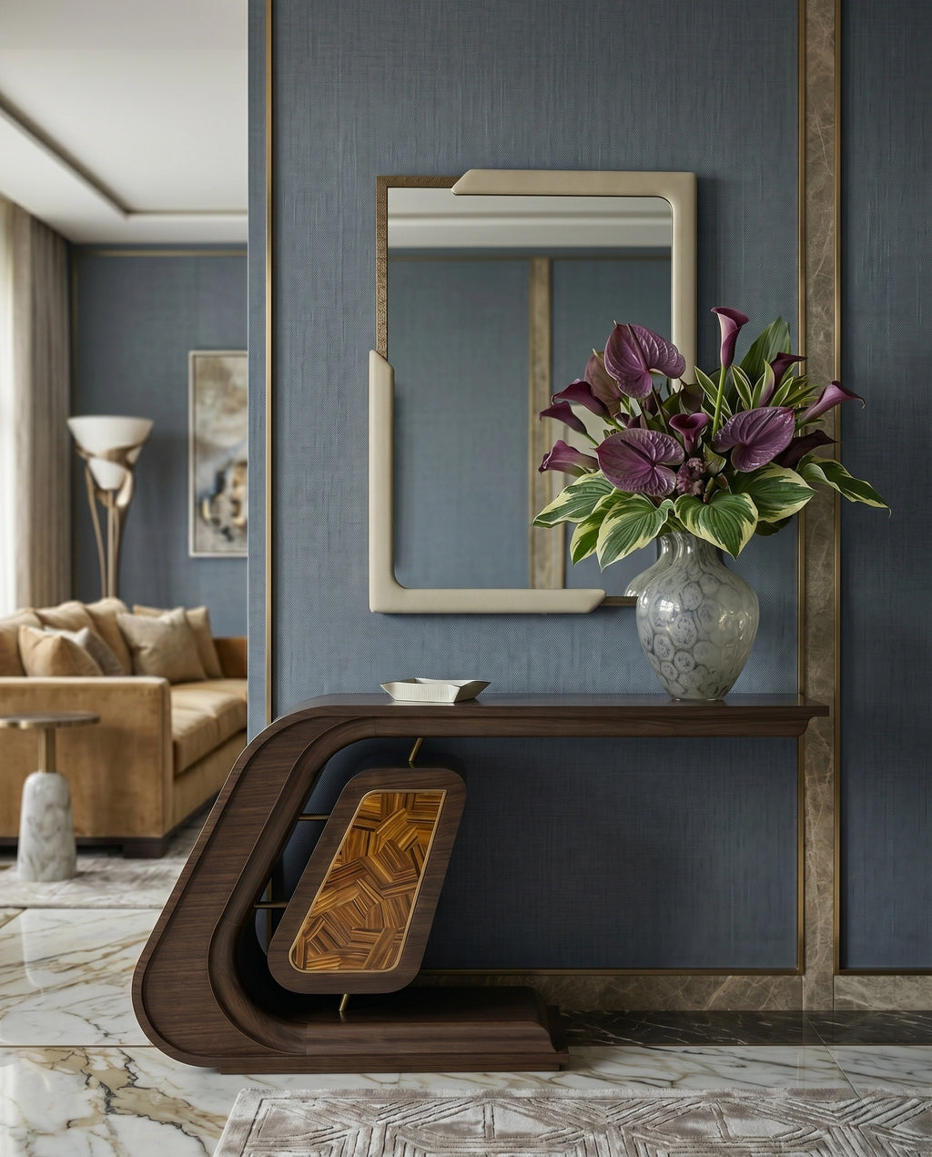 Sculptural Bentwood & Marquetry Asymmetrical Console Table Arris Concepts