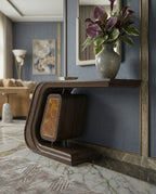 Sculptural Bentwood & Marquetry Asymmetrical Console Table Arris Concepts
