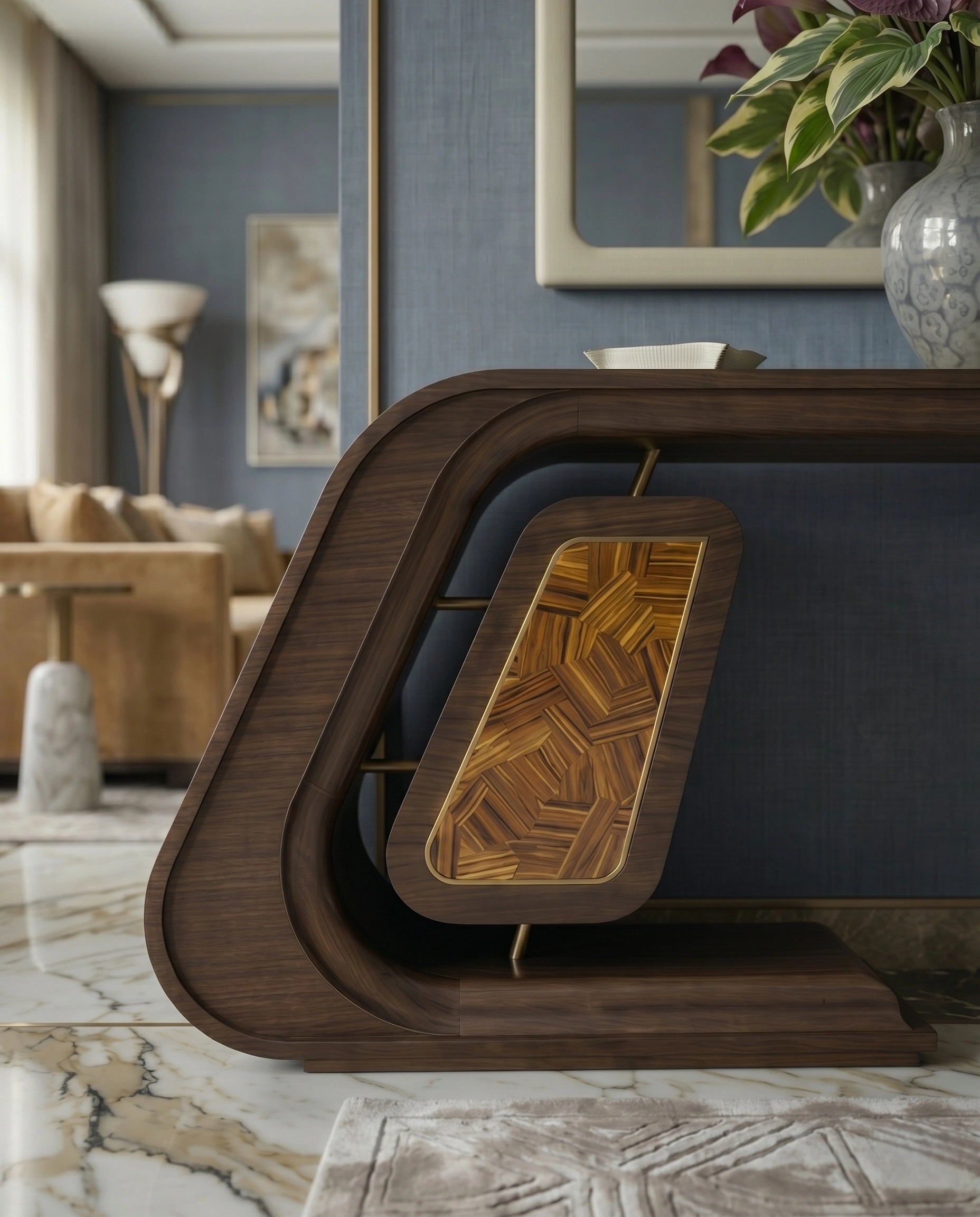 Sculptural Bentwood & Marquetry Asymmetrical Console Table Arris Concepts