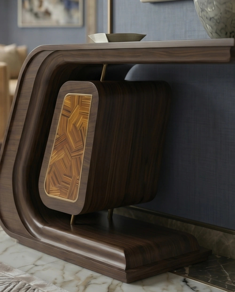 Sculptural Bentwood & Marquetry Asymmetrical Console Table Arris Concepts