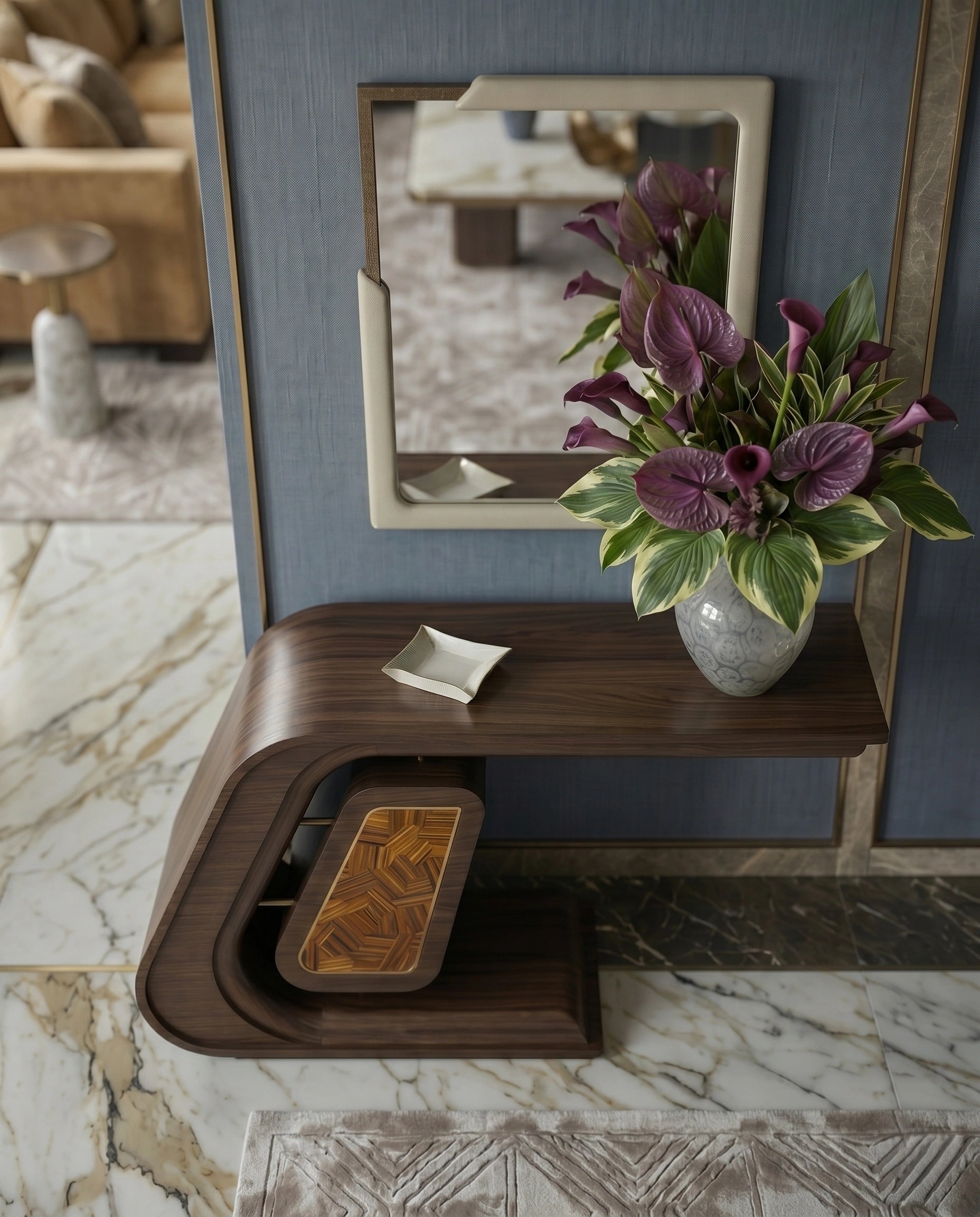 Sculptural Bentwood & Marquetry Asymmetrical Console Table Arris Concepts