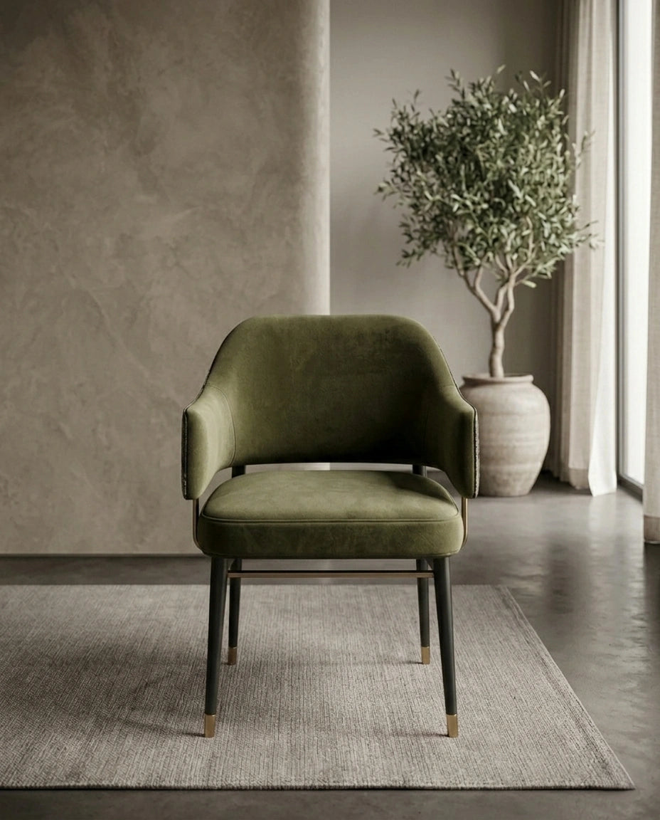 Textured Olive Velvet Dining Chair with Brass Accents Arris Concepts