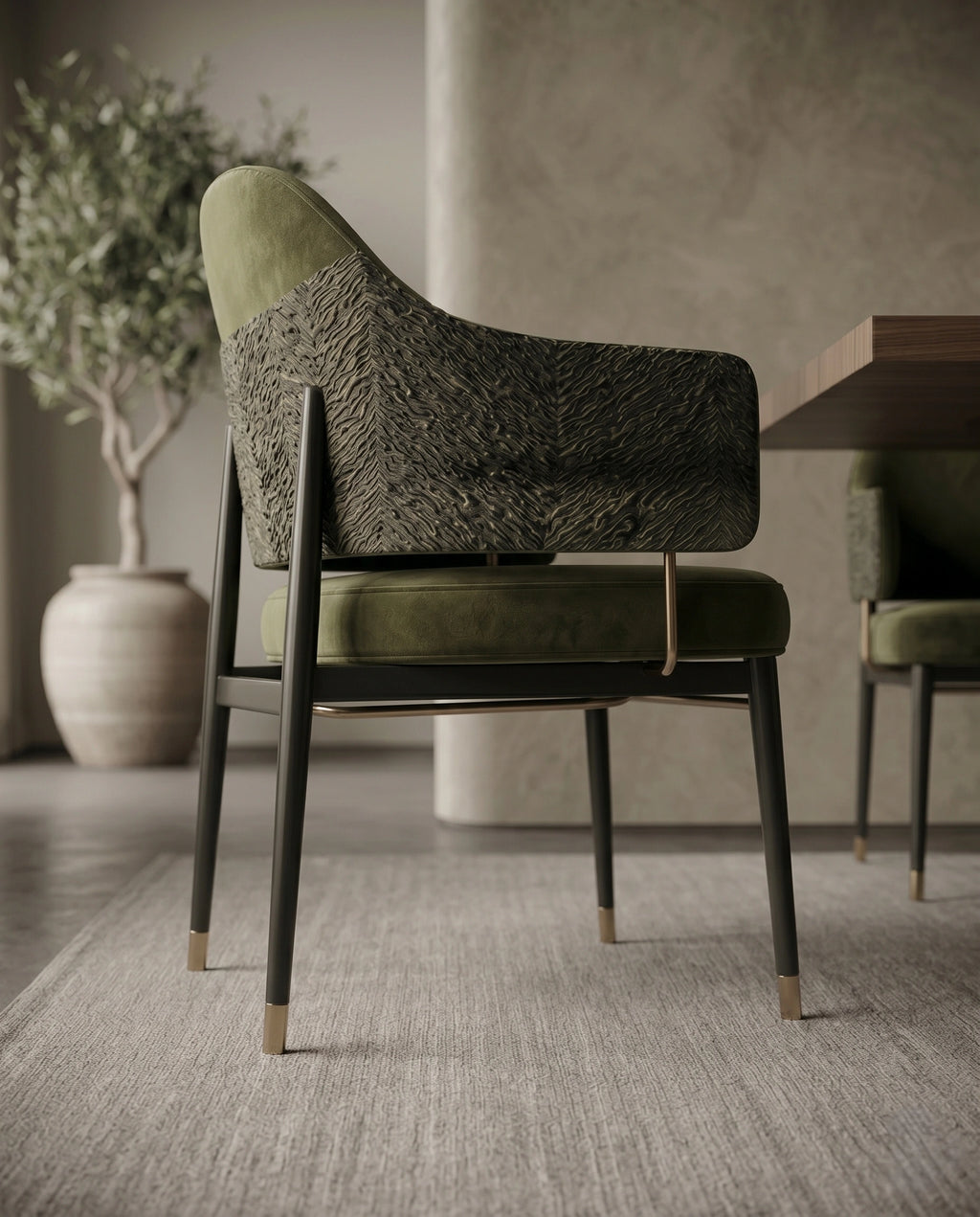 Textured Olive Velvet Dining Chair with Brass Accents Arris Concepts