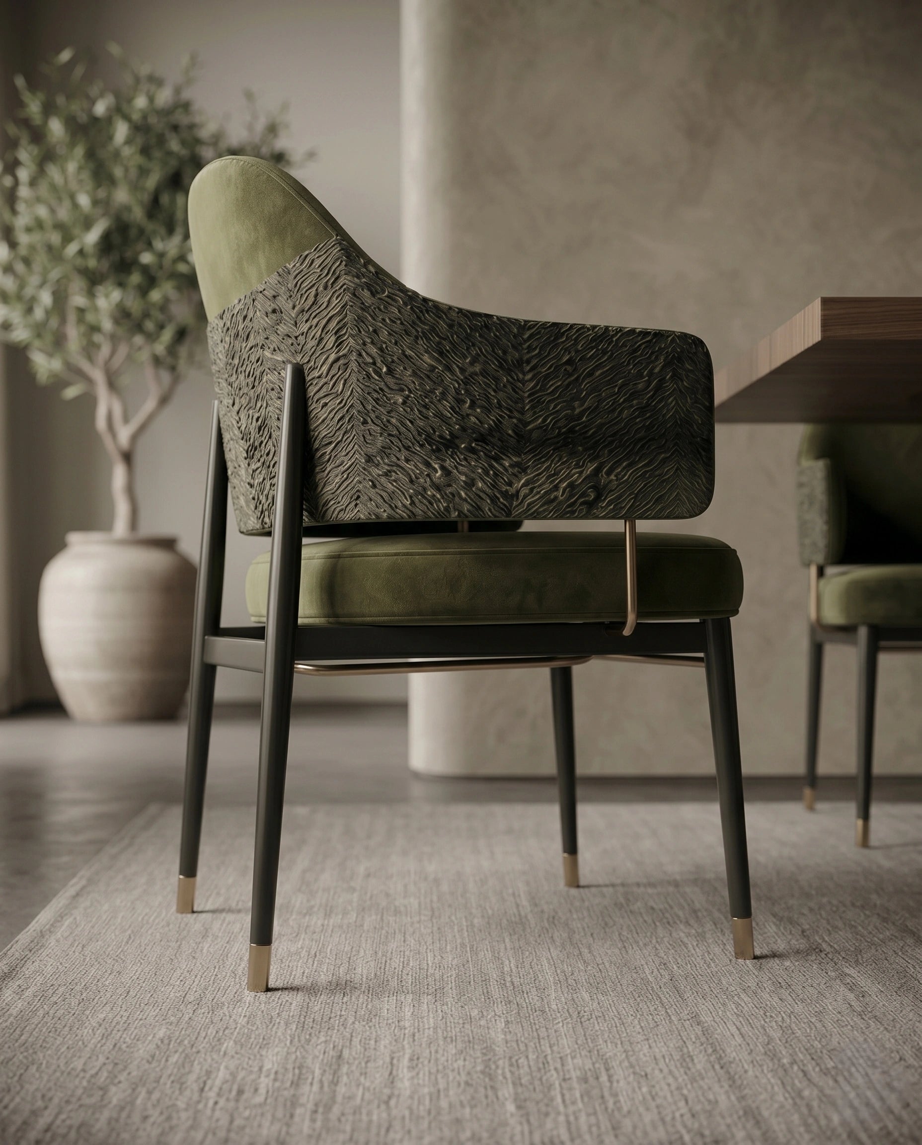 Textured Olive Velvet Dining Chair with Brass Accents Arris Concepts