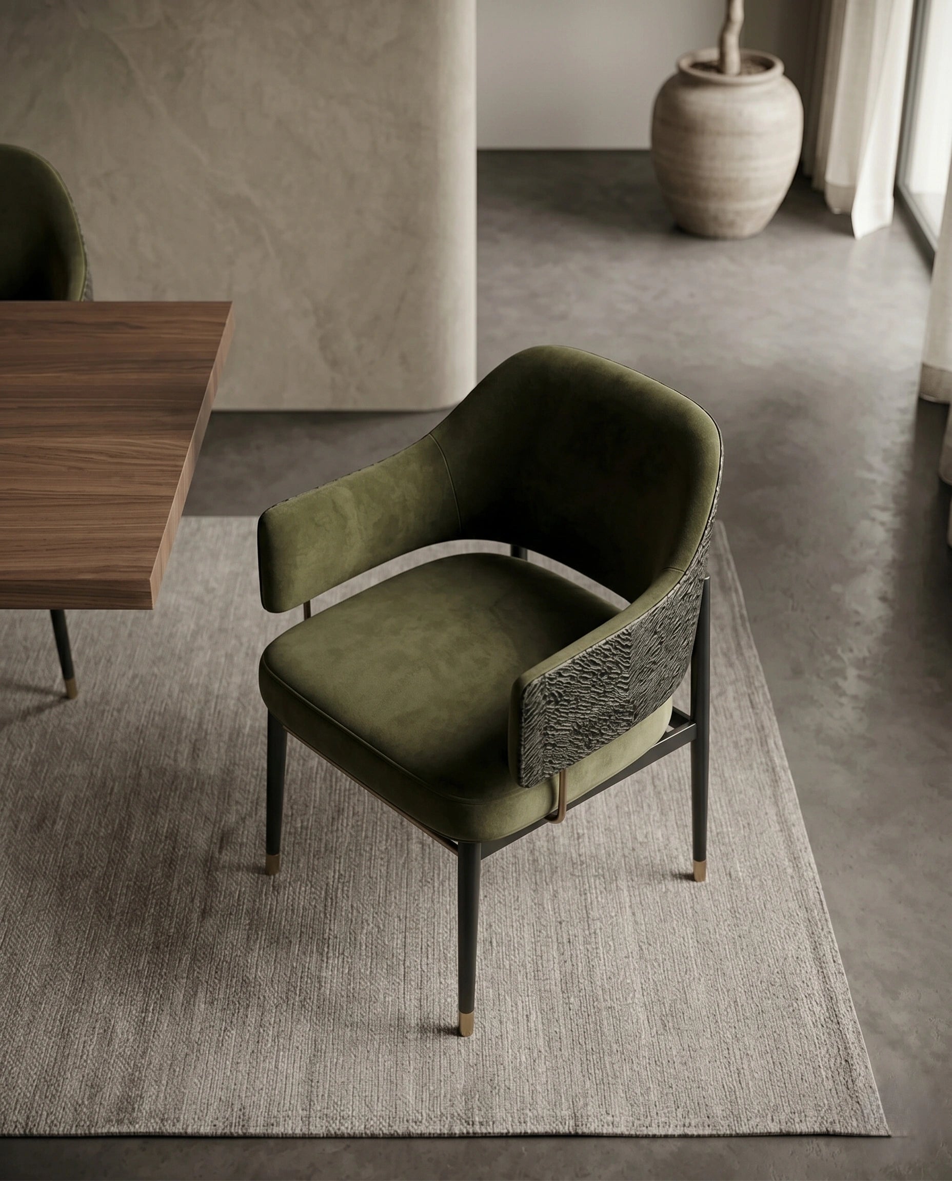 Textured Olive Velvet Dining Chair with Brass Accents Arris Concepts