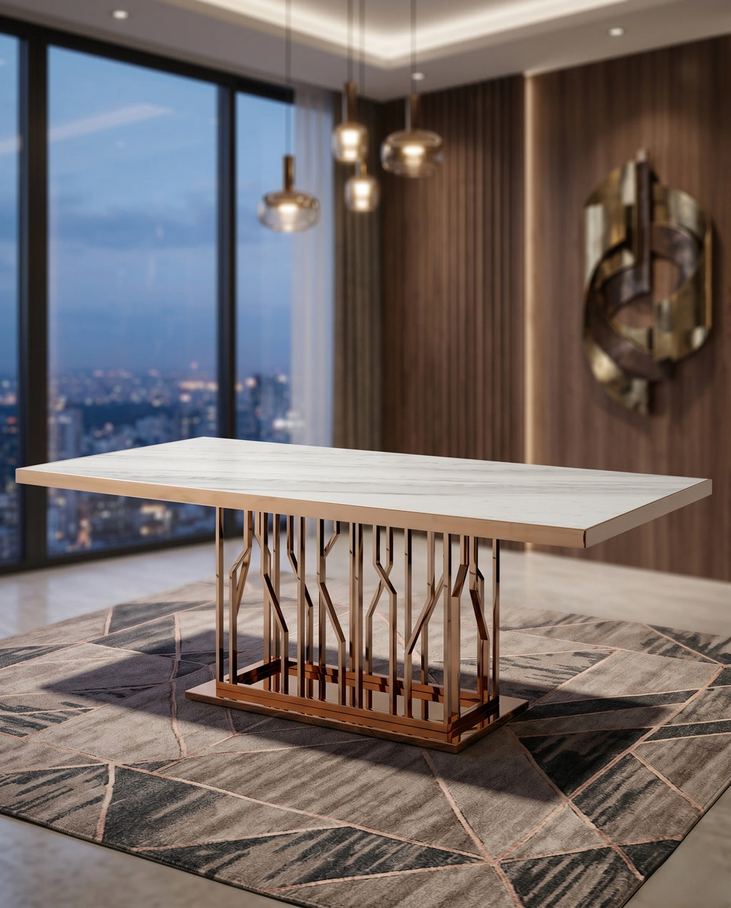 Geometric Rose Gold & Marble 8-Seater Dining Table Arris Concepts