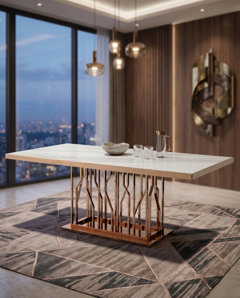Geometric Rose Gold & Marble 8-Seater Dining Table Arris Concepts