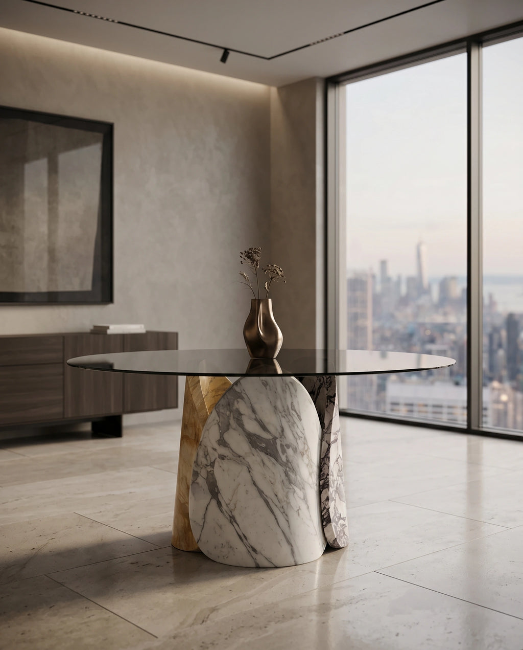 Sculptural Mixed Marble & Glass Round Dining Table Arris Concepts