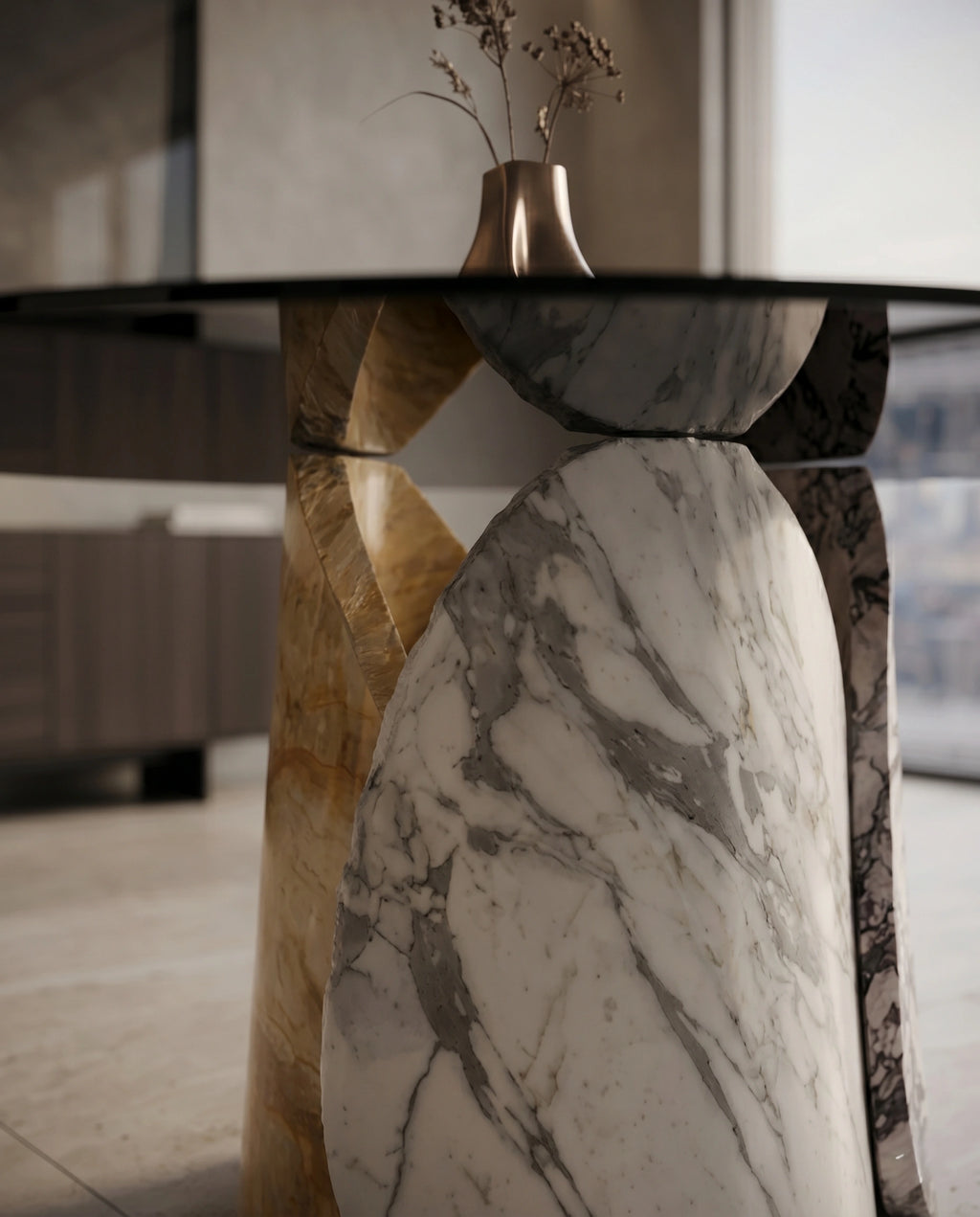 Sculptural Mixed Marble & Glass Round Dining Table Arris Concepts