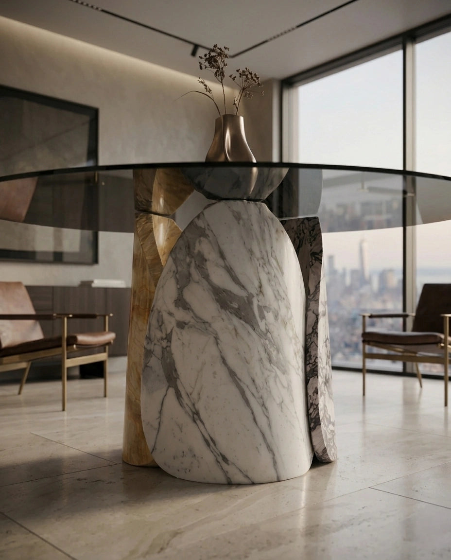 Sculptural Mixed Marble & Glass Round Dining Table Arris Concepts