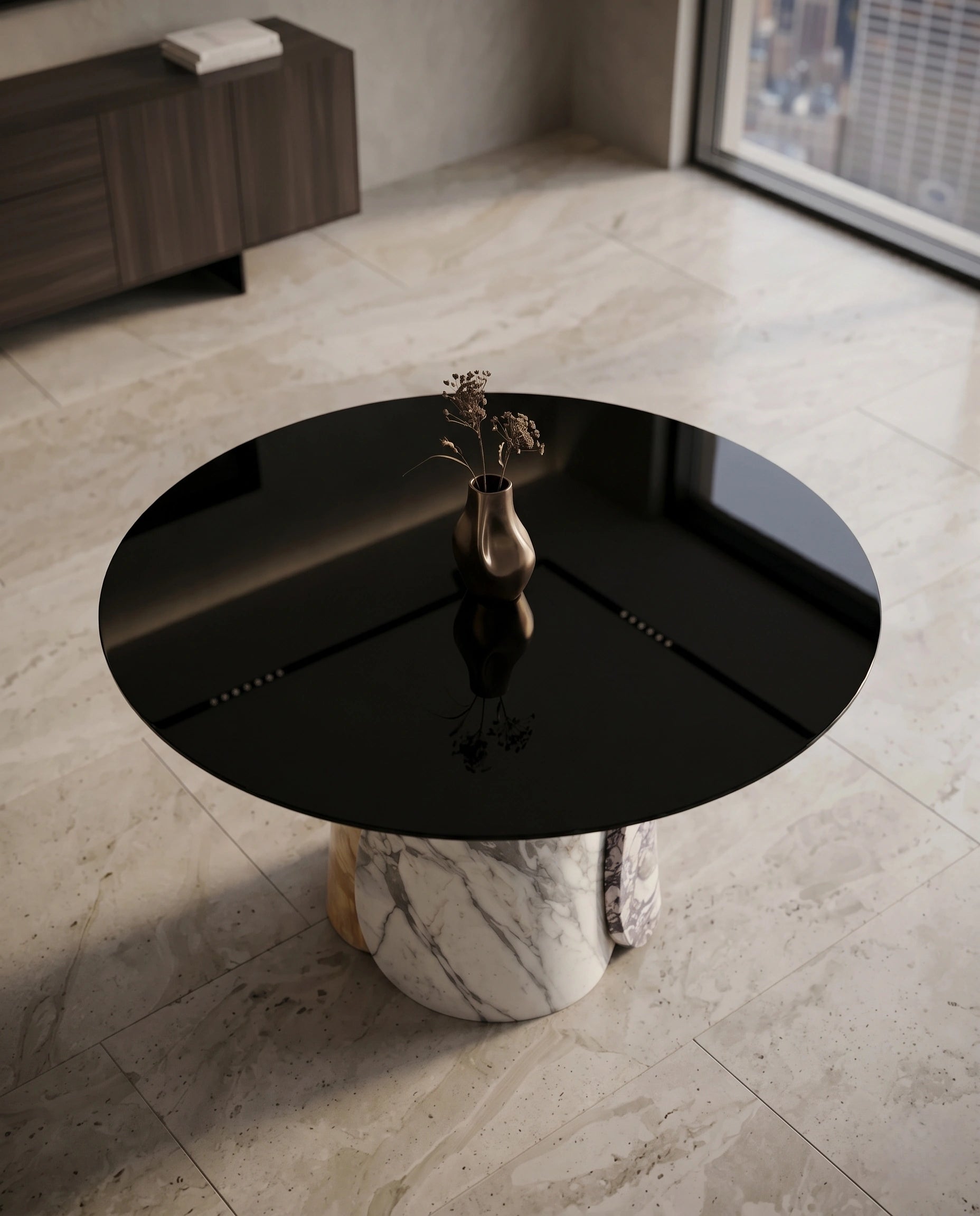Sculptural Mixed Marble & Glass Round Dining Table Arris Concepts