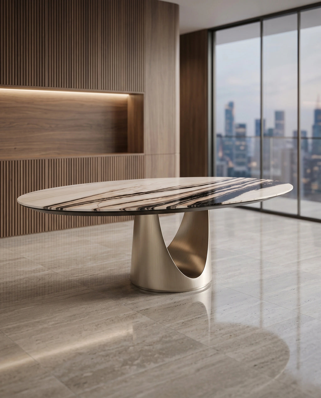 Sculptural Veined Marble Oval Dining Table Arris Concepts