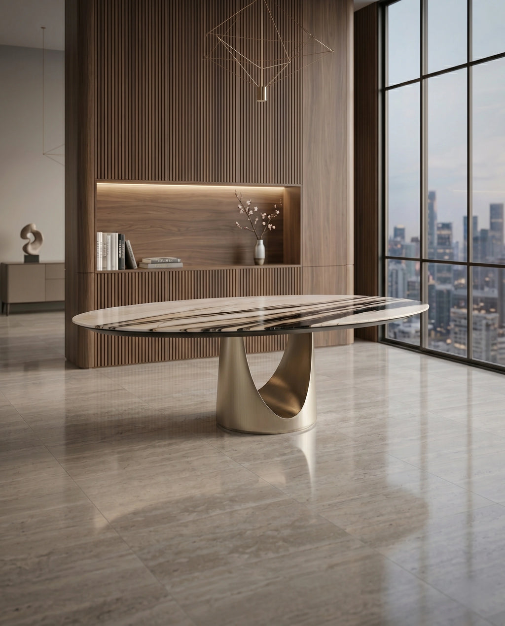 Sculptural Veined Marble Oval Dining Table Arris Concepts