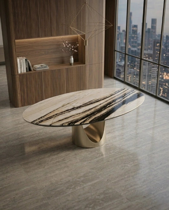 Sculptural Veined Marble Oval Dining Table Arris Concepts