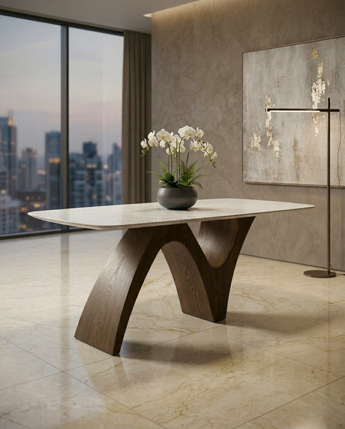 Handcrafted 8 seater marble sculptural wood dining table by Arris Concepts Luxury.