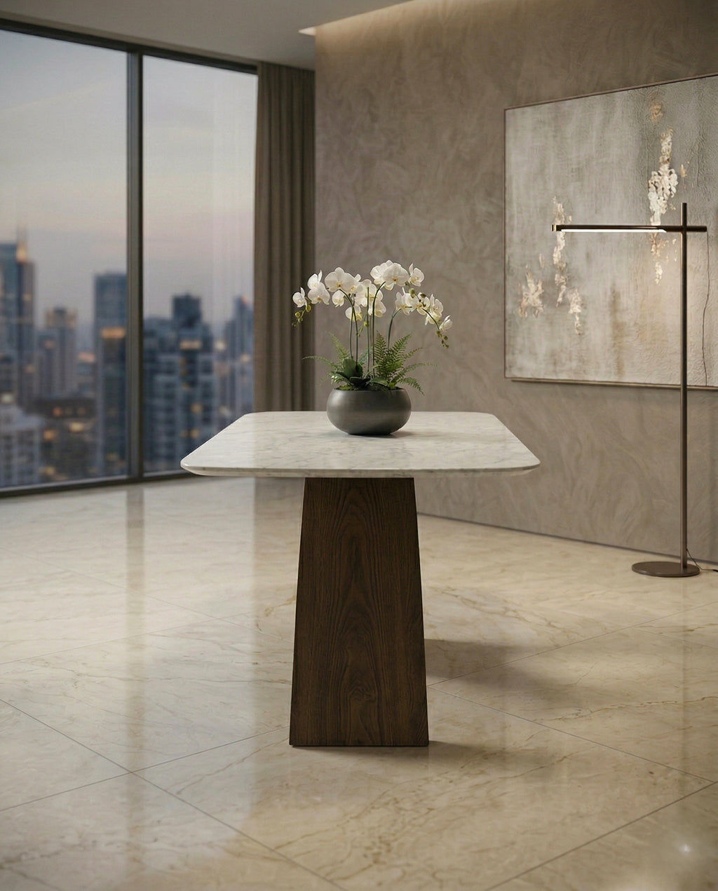 Handcrafted 8 seater marble sculptural wood dining table by Arris Concepts Luxury.