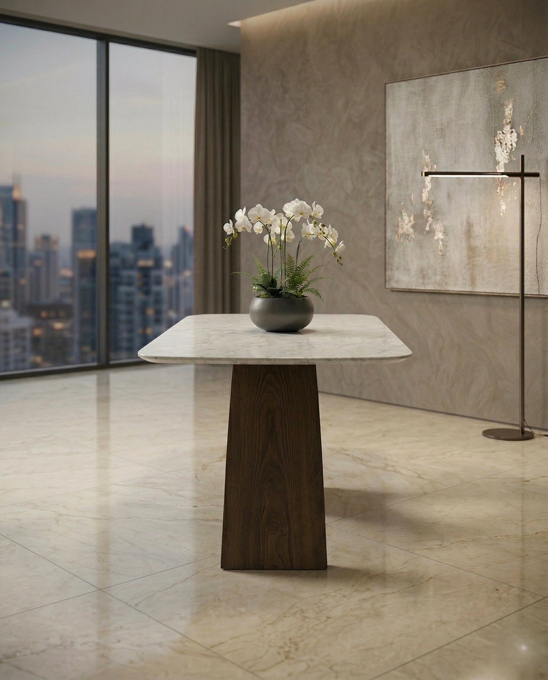 Handcrafted 8 seater marble sculptural wood dining table by Arris Concepts Luxury.