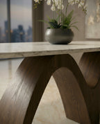 Handcrafted 8 seater marble sculptural wood dining table by Arris Concepts Luxury.