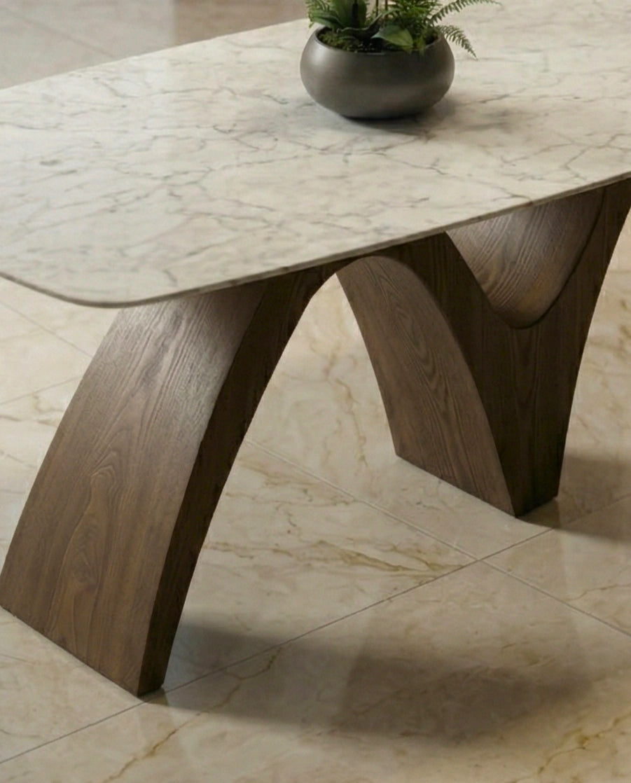 Handcrafted 8 seater marble sculptural wood dining table by Arris Concepts Luxury.