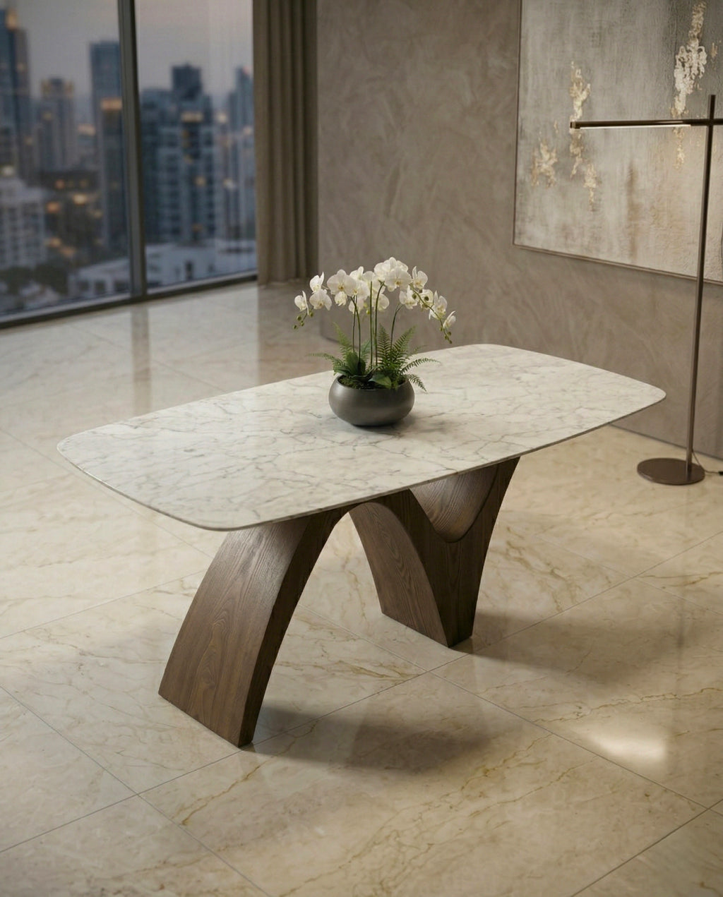 Handcrafted 8 seater marble sculptural wood dining table by Arris Concepts Luxury.